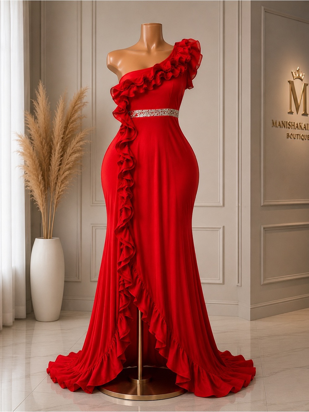 Manishaka Red One-Shoulder Ruffle Evening Gown